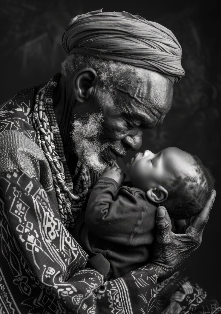 Foto gratuito retrato en blanco y negro del abuelo con el nieto