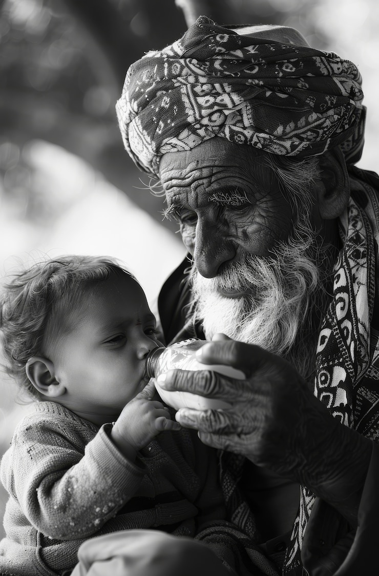 Foto gratuito retrato en blanco y negro del abuelo con el nieto