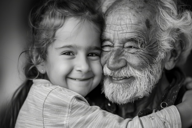 Foto gratuita retrato en blanco y negro del abuelo con el nieto