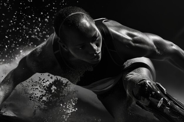 Retrato en blanco y negro de un atleta que compite en los juegos del campeonato paralímpico