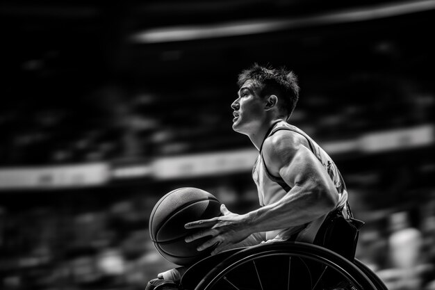 Retrato en blanco y negro de un atleta que compite en los juegos del campeonato paralímpico