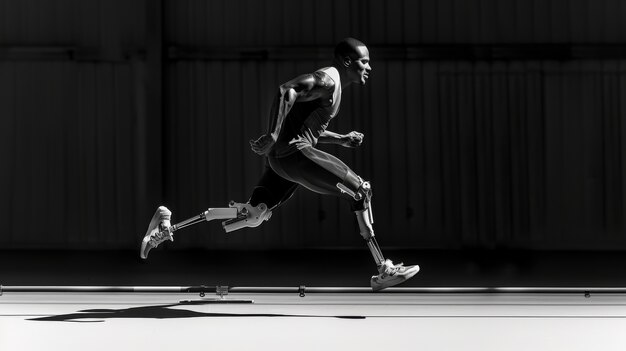 Retrato en blanco y negro de un atleta que compite en los juegos del campeonato paralímpico