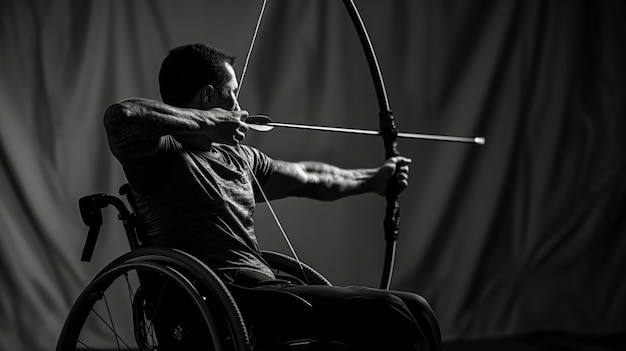 Retrato en blanco y negro de un atleta que compite en los juegos del campeonato paralímpico