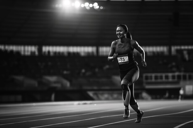 Retrato en blanco y negro de un atleta que compite en los juegos del campeonato paralímpico