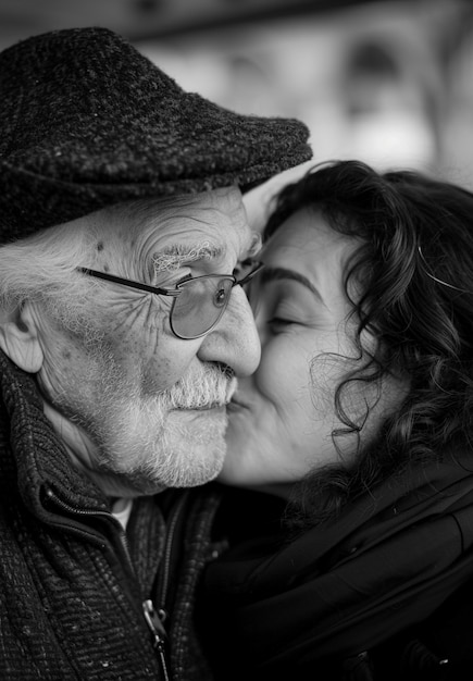 Foto gratuita el retrato en blanco y negro de un beso.