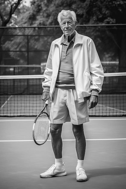 Retrato en blanco y negro de un jugador de tenis profesional