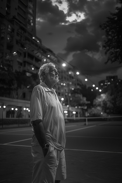 Retrato en blanco y negro de un jugador de tenis profesional