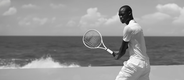 Retrato en blanco y negro de un jugador de tenis profesional