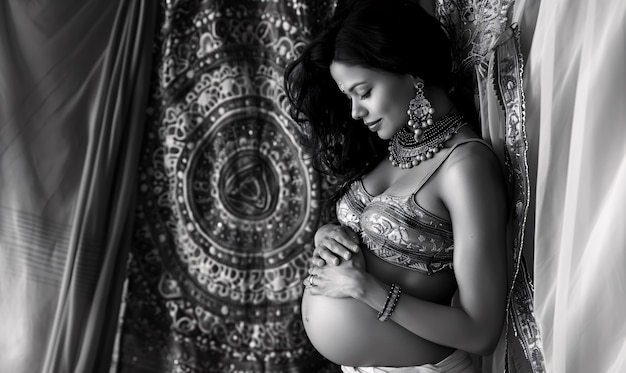 Foto gratuita retrato en blanco y negro de una mujer esperando un bebé