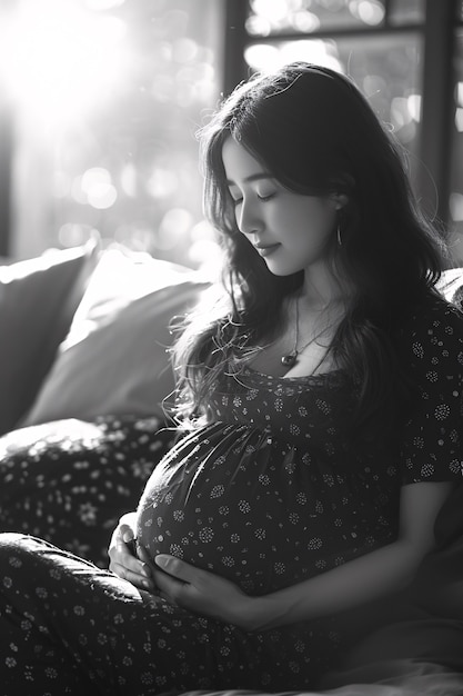 Retrato en blanco y negro de una mujer esperando un bebé