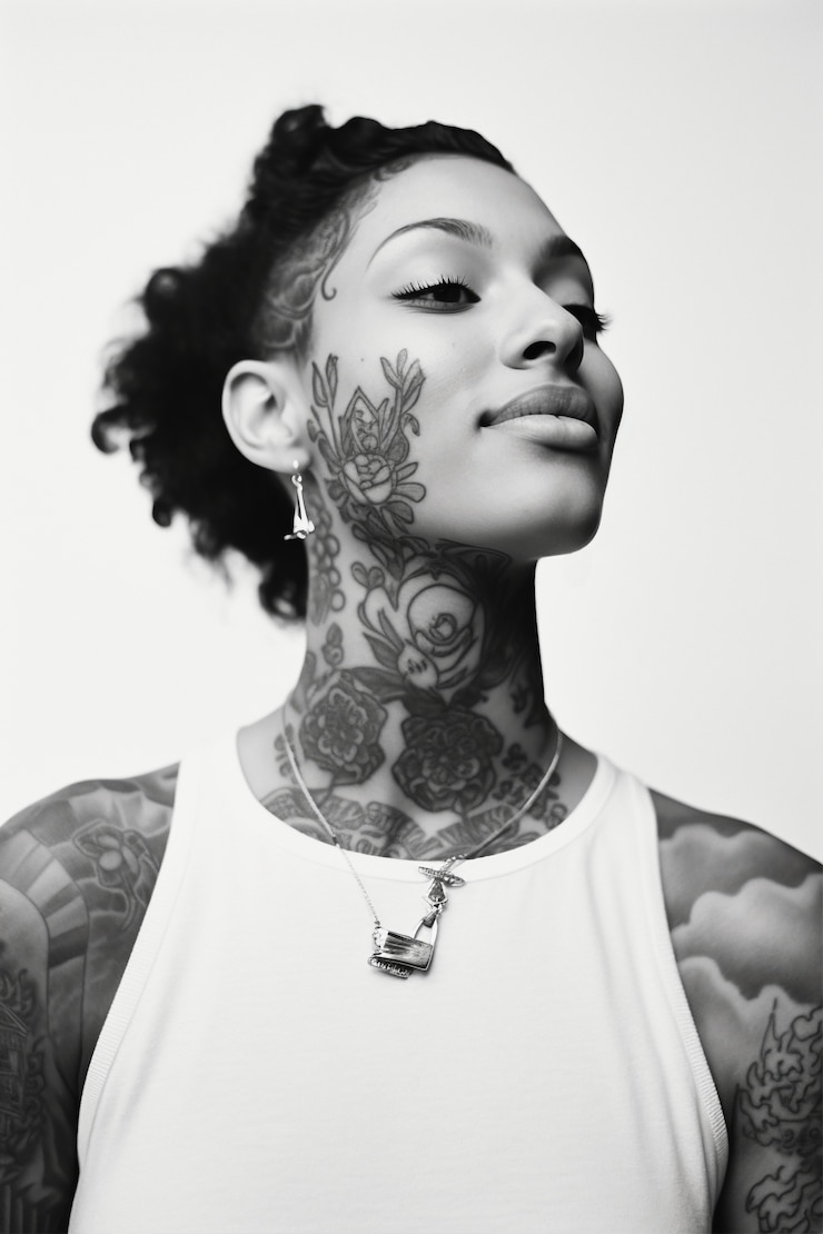 Retrato en blanco y negro de una mujer con tatuajes en el cuerpo.
