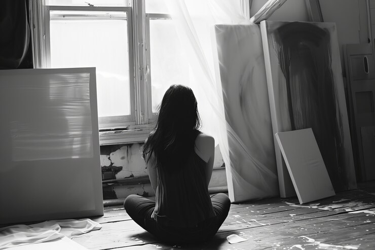 Retrato en blanco y negro de una mujer triste