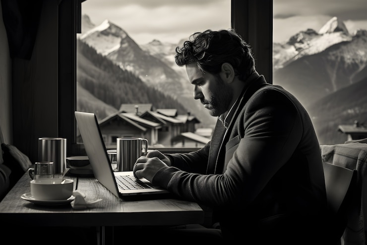 Foto gratuito retrato en blanco y negro de nómadas digitales