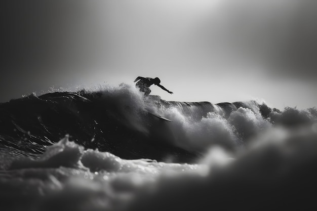 Foto gratuita retrato en blanco y negro de una persona surfeando entre las olas