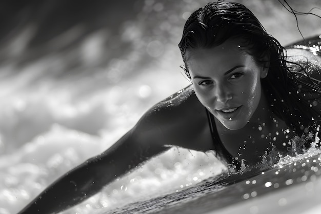 Retrato en blanco y negro de una persona surfeando entre las olas