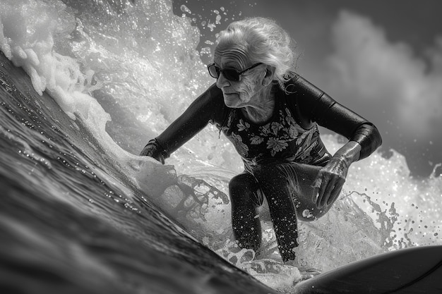 Foto gratuita retrato en blanco y negro de una persona surfeando entre las olas