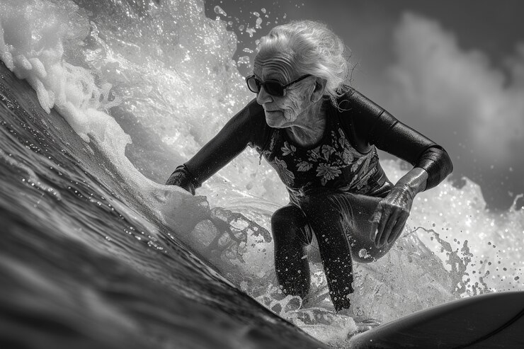 Foto gratuito retrato en blanco y negro de una persona surfeando entre las olas