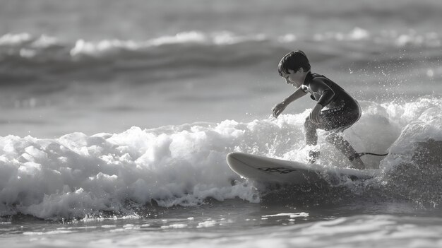 Retrato en blanco y negro de una persona surfeando entre las olas