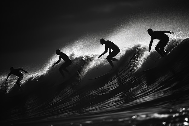 Foto gratuita retrato en blanco y negro de personas surfeando entre las olas