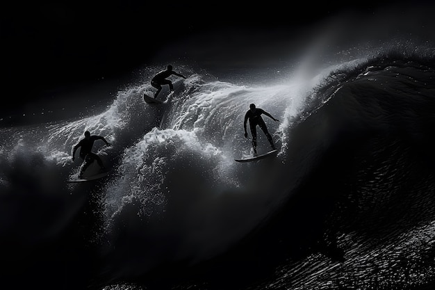 Foto gratuita retrato en blanco y negro de personas surfeando entre las olas