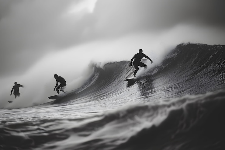 Foto gratuito retrato en blanco y negro de personas surfeando entre las olas
