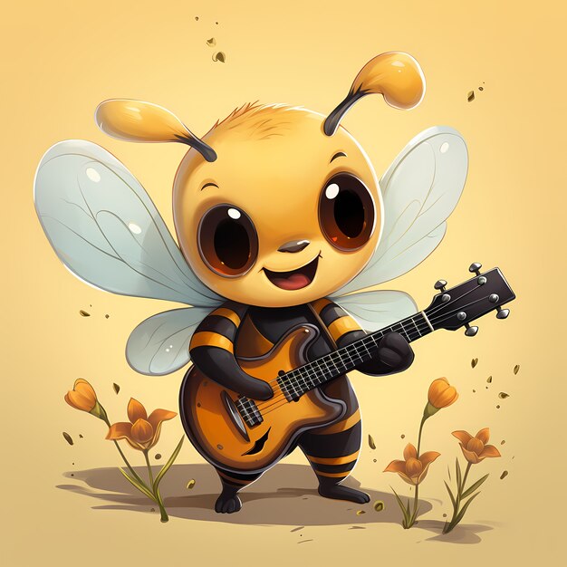 Retrato de una bonita abeja de dibujos animados con guitarra