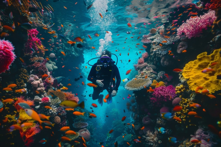 Foto gratuito retrato de un buzo en el agua del mar con vida marina