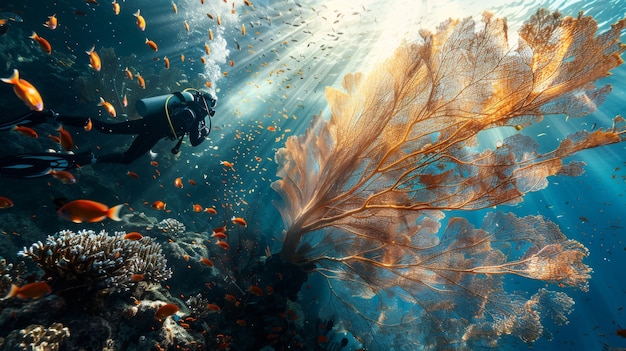 Retrato de un buzo en el agua del mar con vida marina