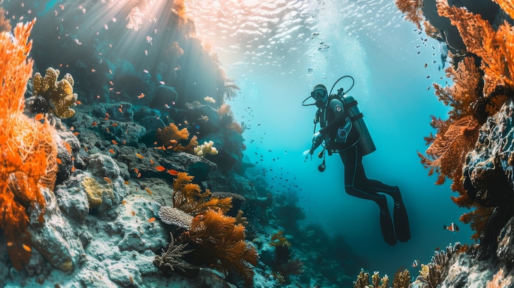 Foto gratuito retrato de un buzo en el agua del mar con vida marina