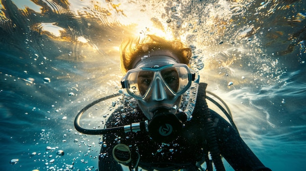 Retrato de un buzo en el agua del mar con vida marina