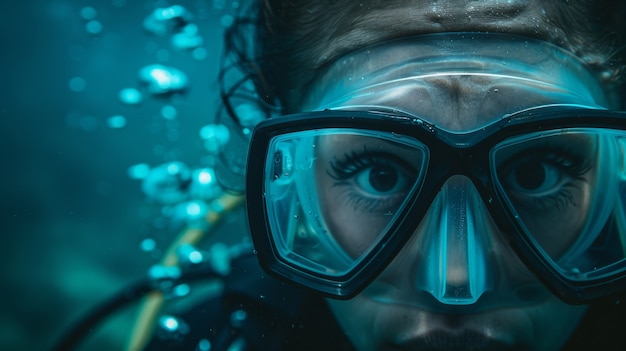 Retrato de un buzo en el agua del mar con vida marina