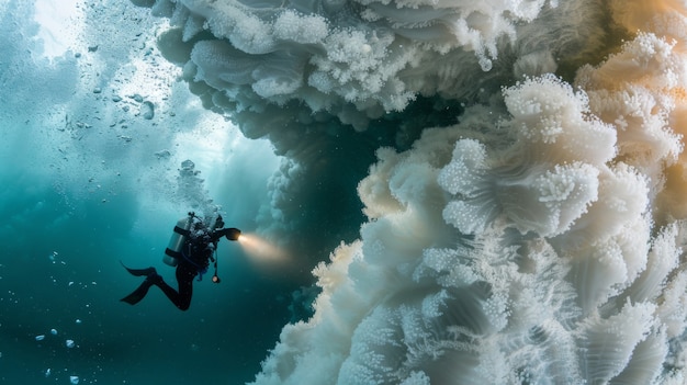 Foto gratuita retrato de un buzo en el agua del mar con vida marina