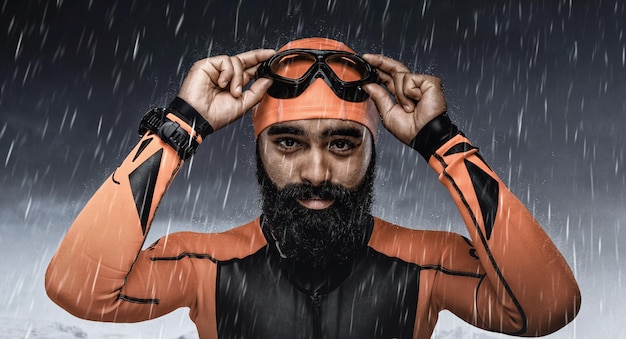 Foto gratuita retrato de buzo barbudo bajo gotas de lluvia sobre fondo de montañas nevadas.