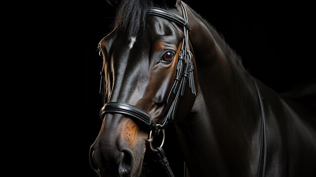 Retrato de un caballo bayo en la brida sobre un fondo negro