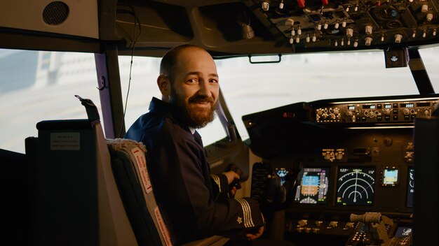 Retrato del capitán del avión preparándose para volar aviones en la cabina, usando el panel de control con interruptor y botones. Avión piloto aviador con comando de potencia, navegación.