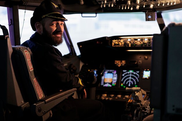 Retrato de un capitán masculino sentado en una cabina listo para volar un avión con botones de comando en el tablero y motor de potencia. Avión volador piloto para transporte internacional, usando el interruptor del panel de control.