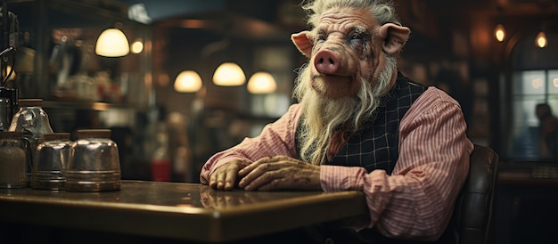 Foto gratuita retrato de un cerdito senior sentado en una mesa en un pub