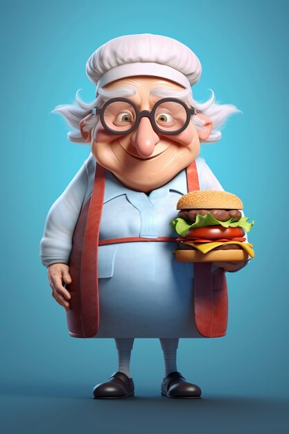Retrato de chef o cocinero sosteniendo una hamburguesa de comida rápida