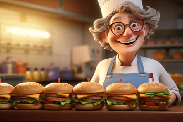 Retrato de chef o cocinero sosteniendo una hamburguesa de comida rápida