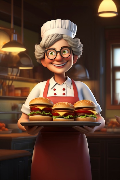 Retrato de chef o cocinero sosteniendo una hamburguesa de comida rápida