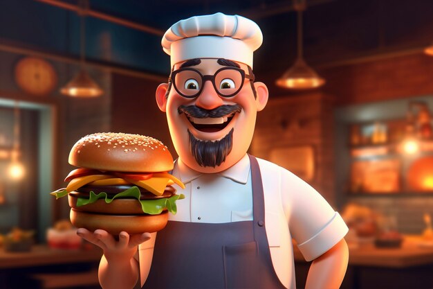 Retrato de chef o cocinero sosteniendo una hamburguesa de comida rápida