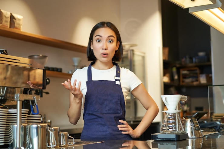 Foto gratuito el retrato de la chica barista en el delantal se ve sorprendida con la mano y mira asombrada por los trabajos de la cámara