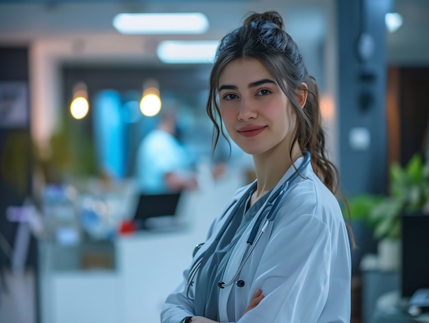 Retrato cinematográfico de una mujer que trabaja en el sistema de salud y tiene un trabajo de atención.