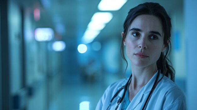 Retrato cinematográfico de una mujer que trabaja en el sistema de salud y tiene un trabajo de atención.