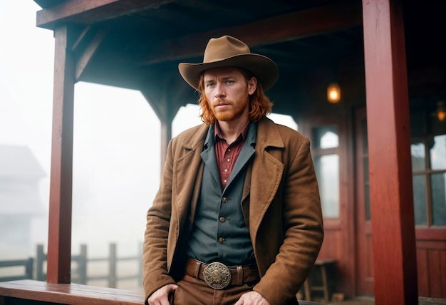 Foto gratuita retrato cinematográfico de un vaquero estadounidense en el oeste con sombrero