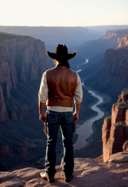 Foto gratuita retrato cinematográfico de un vaquero estadounidense en el oeste con sombrero