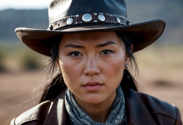 Foto gratuita retrato cinematográfico de un vaquero estadounidense en el oeste con sombrero