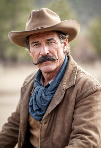 Retrato cinematográfico de un vaquero estadounidense en el oeste con sombrero