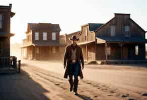 Foto gratuita retrato cinematográfico de un vaquero del oeste americano con sombrero