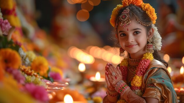 Retrato de color vivo de una mujer en la celebración de Navratri